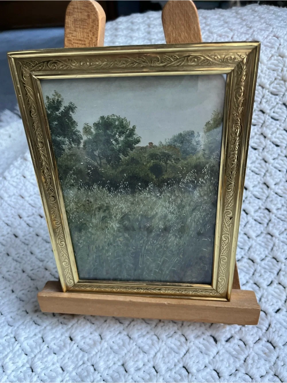 Gold Ornate Table Picture Frame with Green Landscape Art - solid brass